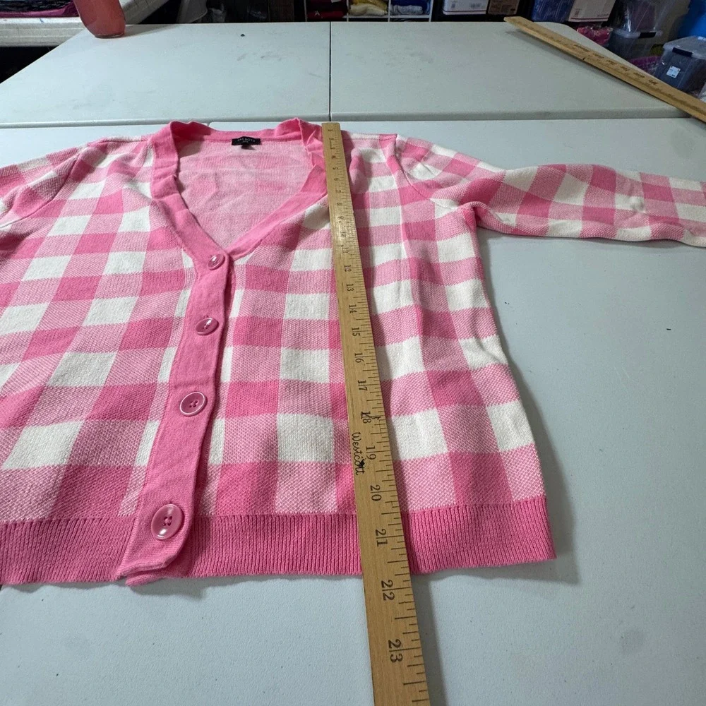 Talbots Petite Pink Gingham Buffalo Check Button Front Cardigan Sweater LP